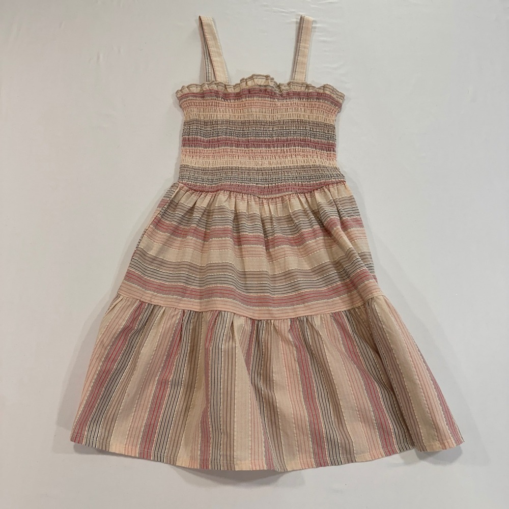 Speechless Striped Smocked Tiered Sundress Womens Size S Tan Pink Smocked Bodice